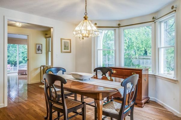 Dining room, Interior, Pendant Lights, Wood Texture Flooring