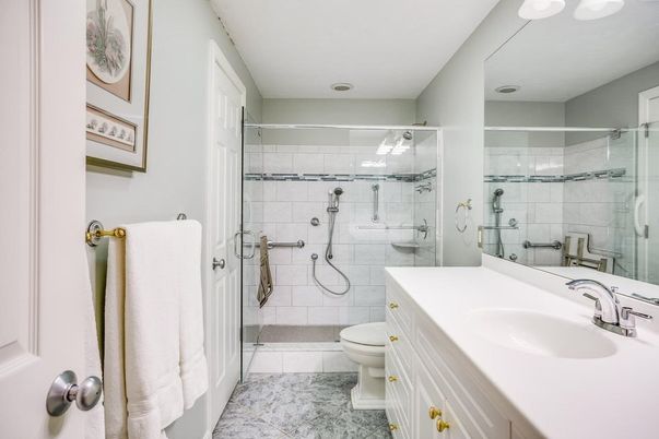 Bathroom, Glass Shower, Interior, Marble, Recessed Lighting