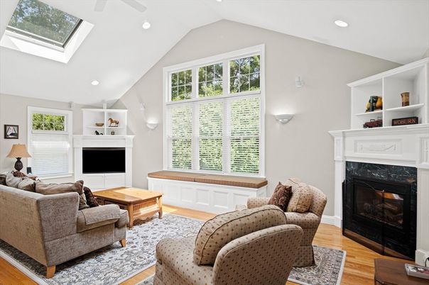 Fireplace, Interior, Living room, Recessed Lighting, Wood Texture Flooring
