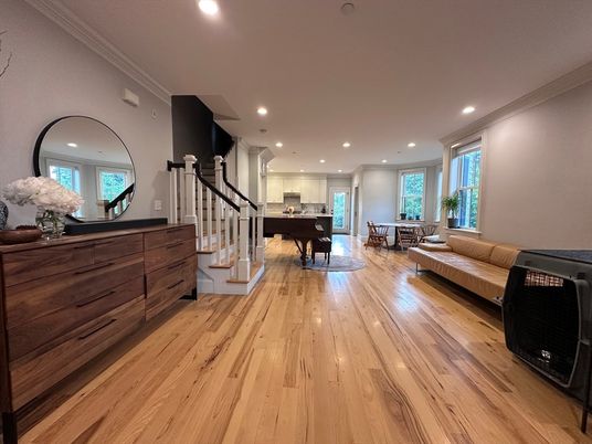 Dining room, Interior, Living room, Recessed Lighting, Wood Texture Flooring