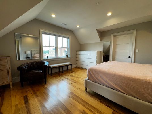 Bedroom, Interior, Recessed Lighting, Wood Texture Flooring