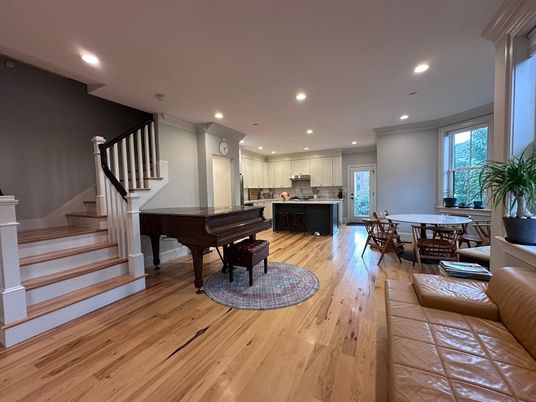 Dining room, Interior, Kitchen, Piano, Recessed Lighting, Wood Texture Flooring