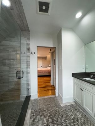 Bathroom, Bedroom, Glass Shower, Interior, Recessed Lighting, Wood Texture Flooring