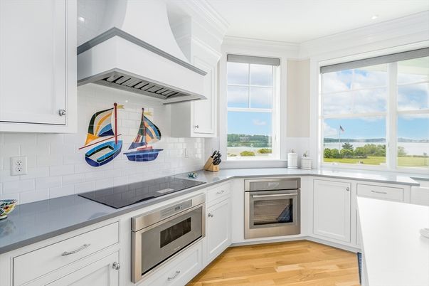 Interior, Kitchen, Recessed Lighting, Stainless Steel Appliances, Water, Wood Texture Flooring