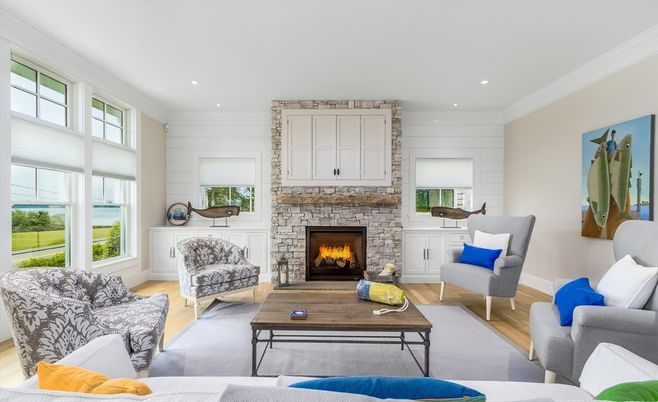 Fireplace, Interior, Living room, Recessed Lighting, Stone Walls, Wood Texture Flooring