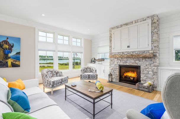 Fireplace, Interior, Living room, Recessed Lighting, Stone Walls, Wood Texture Flooring