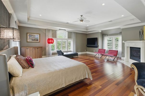 Bedroom, Fireplace, Interior, Recessed Lighting, Wood Texture Flooring