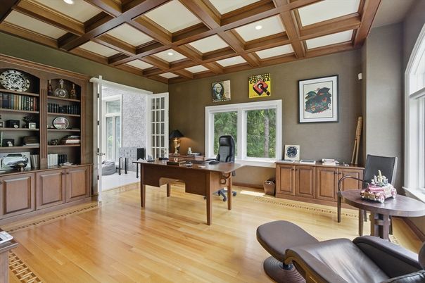 Home Office, Interior, Recessed Lighting, Wooden Beams, Wood Texture Flooring