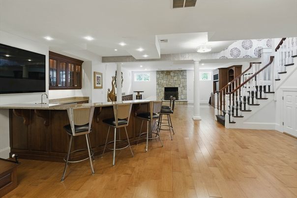 Fireplace, Interior, Recessed Lighting, Stone Walls, Wood Texture Flooring