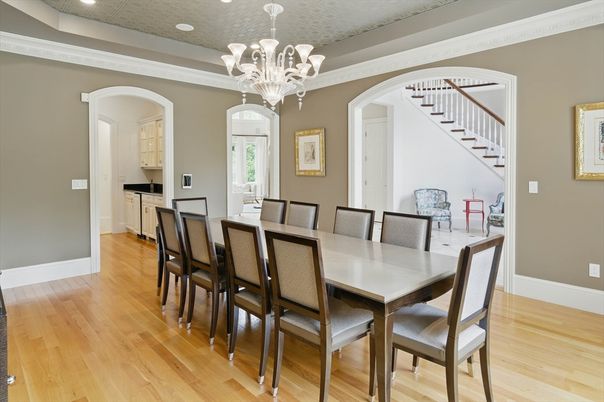 Chandelier, Dining room, Interior, Recessed Lighting, Wood Texture Flooring