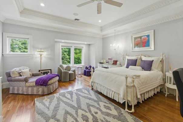 Bedroom, Chandelier, Interior, Recessed Lighting, Wood Texture Flooring