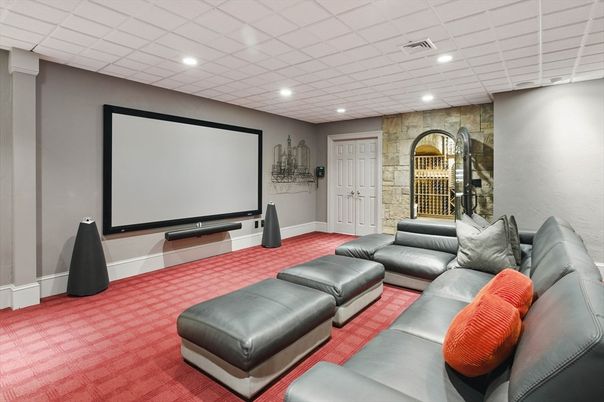 Interior, Projection Screen, Recessed Lighting, Stone Walls, Theatre Room, Wine Storage