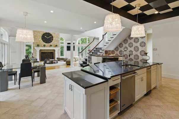 Chandelier, Dining room, Fireplace, Interior, Kitchen, Living room, Pendant Lights, Recessed Lighting