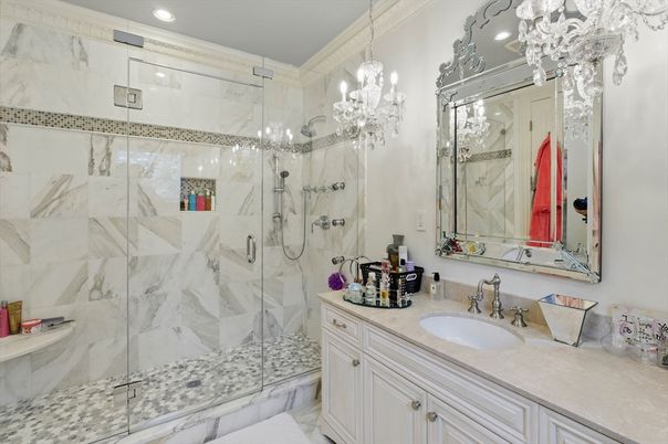 Bathroom, Glass Shower, Interior, Marble Walls, Pendant Lights, Recessed Lighting