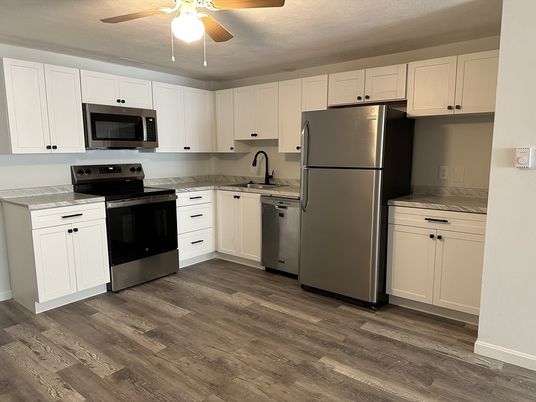 Interior, Kitchen, Stainless Steel Appliances, Wood Texture Flooring