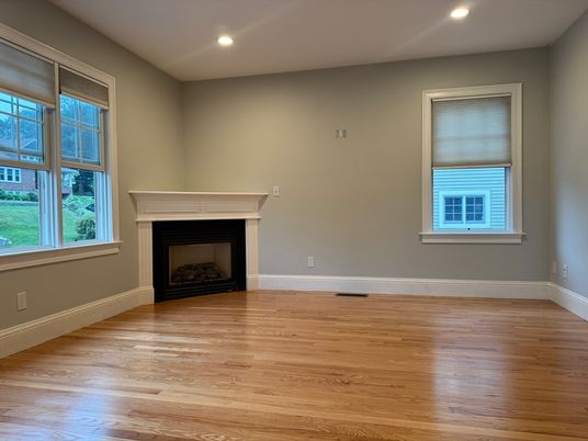 Empty room, Fireplace, Interior, Recessed Lighting, Wood Texture Flooring