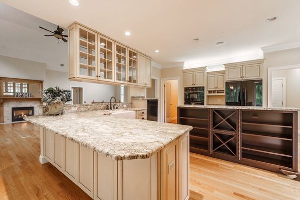 Fireplace, Interior, Kitchen, Recessed Lighting, Wood Texture Flooring
