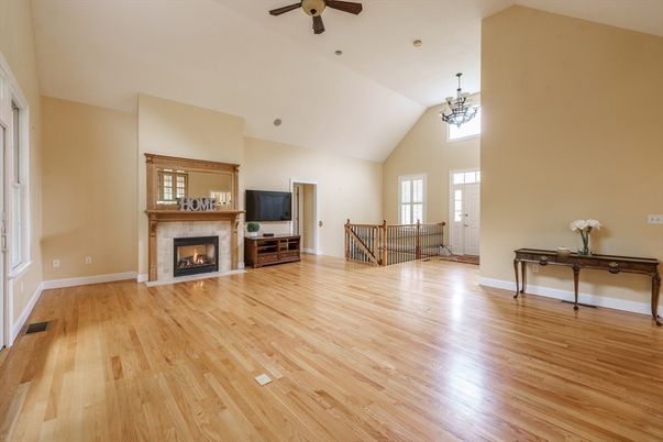 Chandelier, Empty room, Fireplace, Interior, Wood Texture Flooring