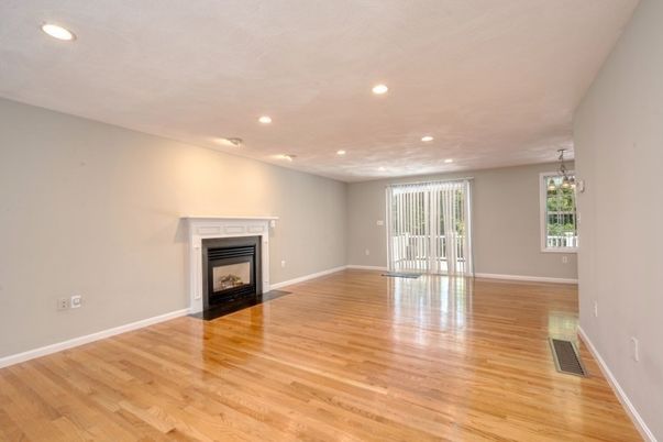 Empty room, Fireplace, Interior, Recessed Lighting, Wood Texture Flooring