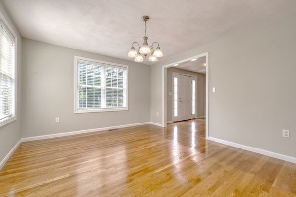 Chandelier, Empty room, Interior, Recessed Lighting, Wood Texture Flooring