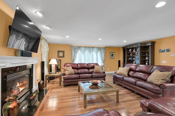 Fireplace, Interior, Living room, Recessed Lighting, Wood Texture Flooring