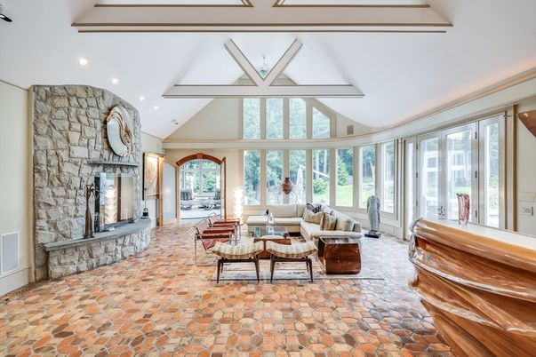 Fireplace, Interior, Living room, Recessed Lighting, Stone Walls