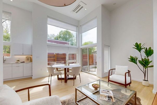 Dining room, Interior, Living room, Recessed Lighting, Wood Texture Flooring