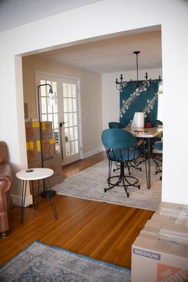 Dining room, Interior, Pendant Lights, Wood Texture Flooring