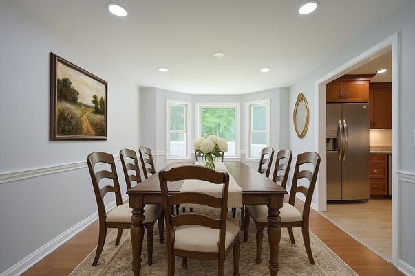 Dining room, Interior, Kitchen, Recessed Lighting, Stainless Steel Appliances, Wood Texture Flooring