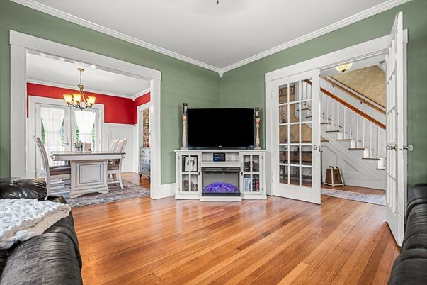 Chandelier, Dining room, Interior, Wood Texture Flooring