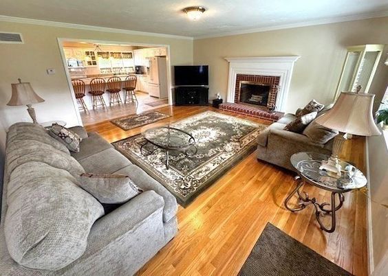 Fireplace, Interior, Kitchen, Living room, Wood Texture Flooring