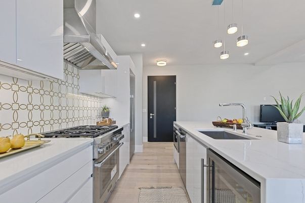 Interior, Kitchen, Pendant Lights, Recessed Lighting, Stainless Steel Appliances, Wood Texture Flooring