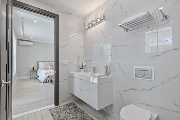Bathroom, Bedroom, Interior, Marble Walls, Recessed Lighting, Wood Texture Flooring