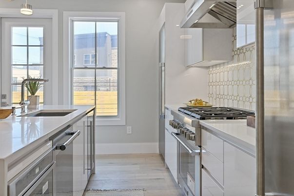 Interior, Kitchen, Pendant Lights, Stainless Steel Appliances, Wood Texture Flooring
