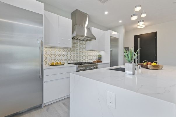 Interior, Kitchen, Pendant Lights, Recessed Lighting, Stainless Steel Appliances, Wood Texture Flooring