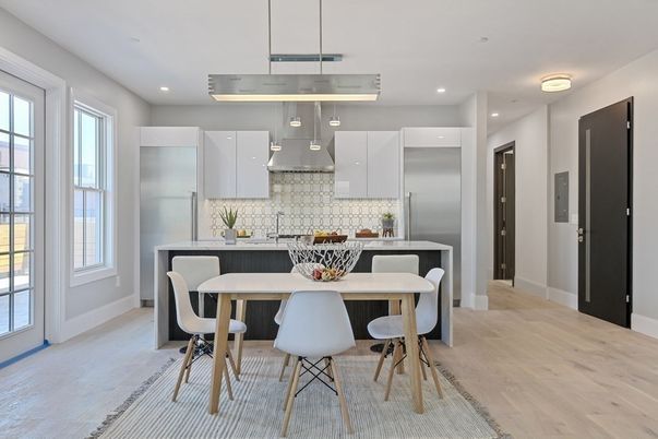 Dining room, Interior, Kitchen, Pendant Lights, Recessed Lighting, Stainless Steel Appliances, Wood Texture Flooring