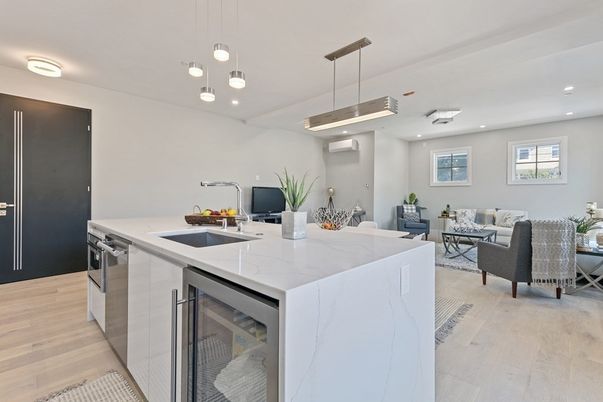 Interior, Kitchen, Living room, Pendant Lights, Recessed Lighting, Wood Texture Flooring