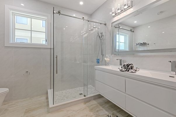 Bathroom, Glass Shower, Interior, Marble Walls, Recessed Lighting