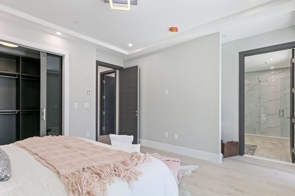 Bathroom, Bedroom, Glass Shower, Interior, Marble, Marble Walls, Recessed Lighting, Wood Texture Flooring