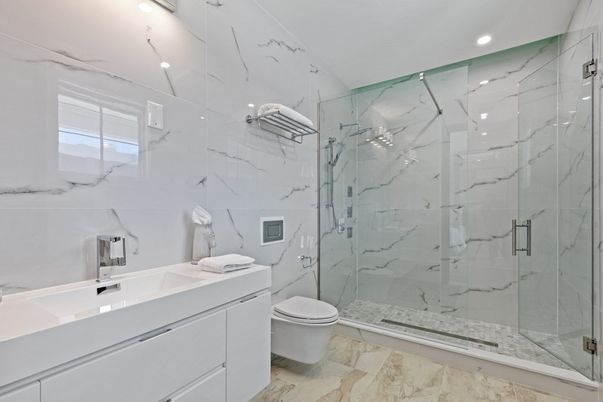Bathroom, Glass Shower, Interior, Marble Walls, Recessed Lighting