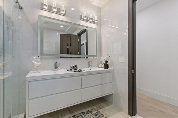 Bathroom, Dual Sink Vanities, Glass Shower, Interior, Wood Texture Flooring