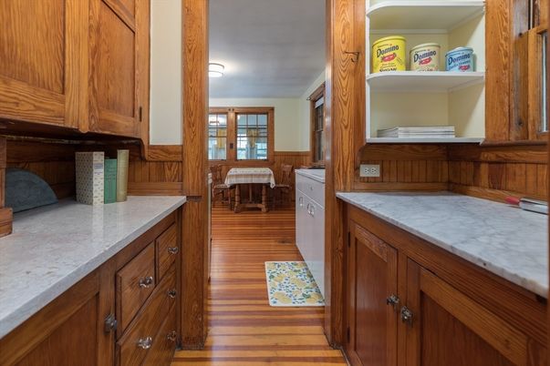 Dining room, Interior, Kitchen, Tile Countertops, Wood Texture Flooring