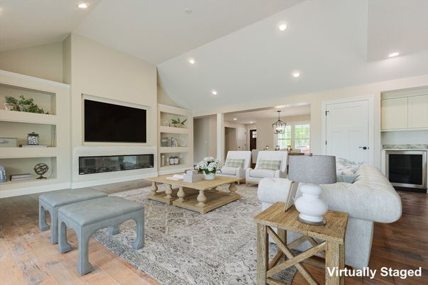 Dining room, Fireplace, Interior, Living room, Pendant Lights, Recessed Lighting, Wood Texture Flooring