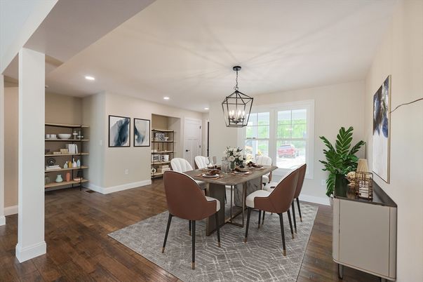 Chandelier, Dining room, Interior, Recessed Lighting, Wood Texture Flooring
