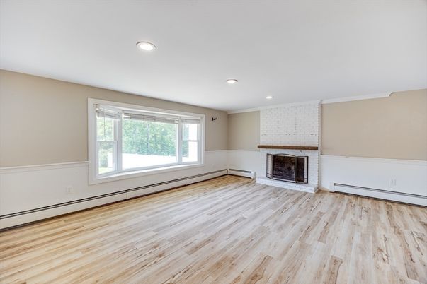 Empty room, Fireplace, Interior, Recessed Lighting, Wood Texture Flooring