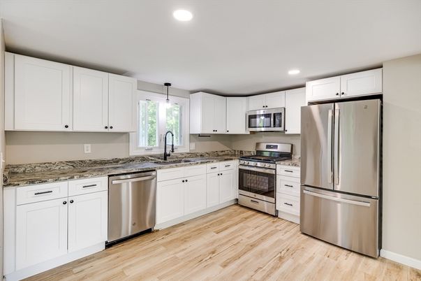 Interior, Kitchen, Pendant Lights, Recessed Lighting, Stainless Steel Appliances, Wood Texture Flooring