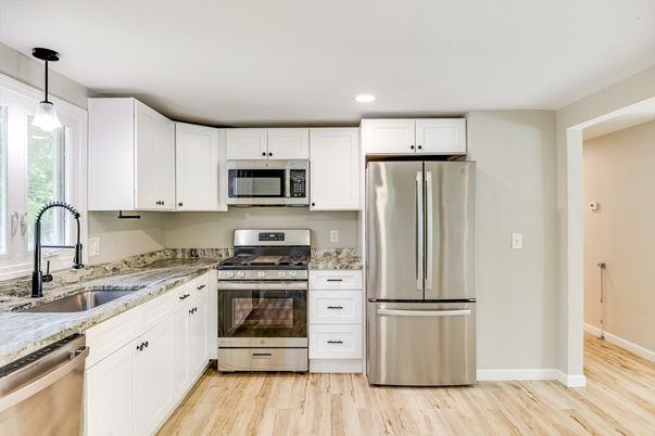 Interior, Kitchen, Pendant Lights, Recessed Lighting, Stainless Steel Appliances, Wood Texture Flooring
