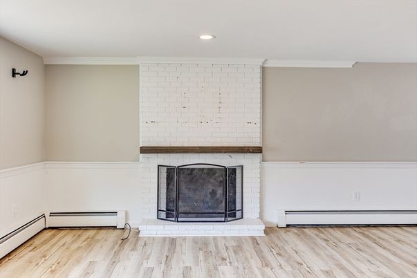 Empty room, Fireplace, Interior, Recessed Lighting, Wood Texture Flooring