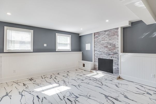 Empty room, Fireplace, Interior, Marble, Recessed Lighting, Stone Walls