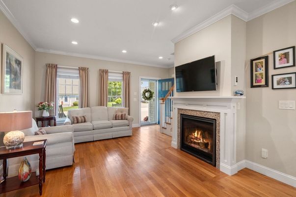 Fireplace, Interior, Living room, Recessed Lighting, Wood Texture Flooring